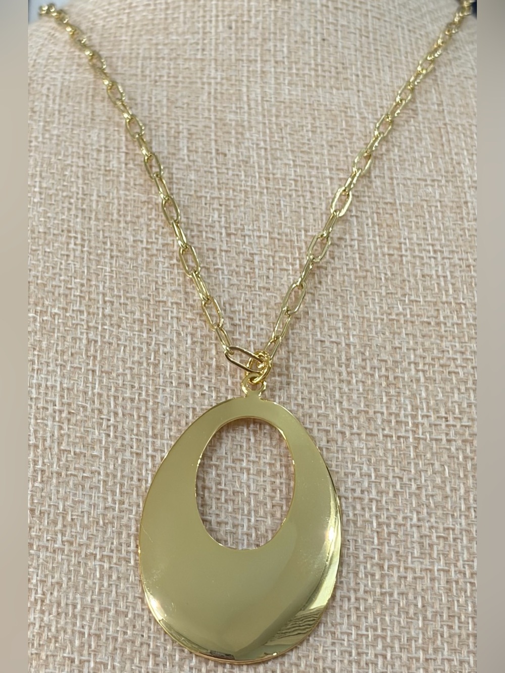 NEW Gold Plated Brass Paperclip Chain w/ Open Oval Pendant Necklace 28”+2” ext